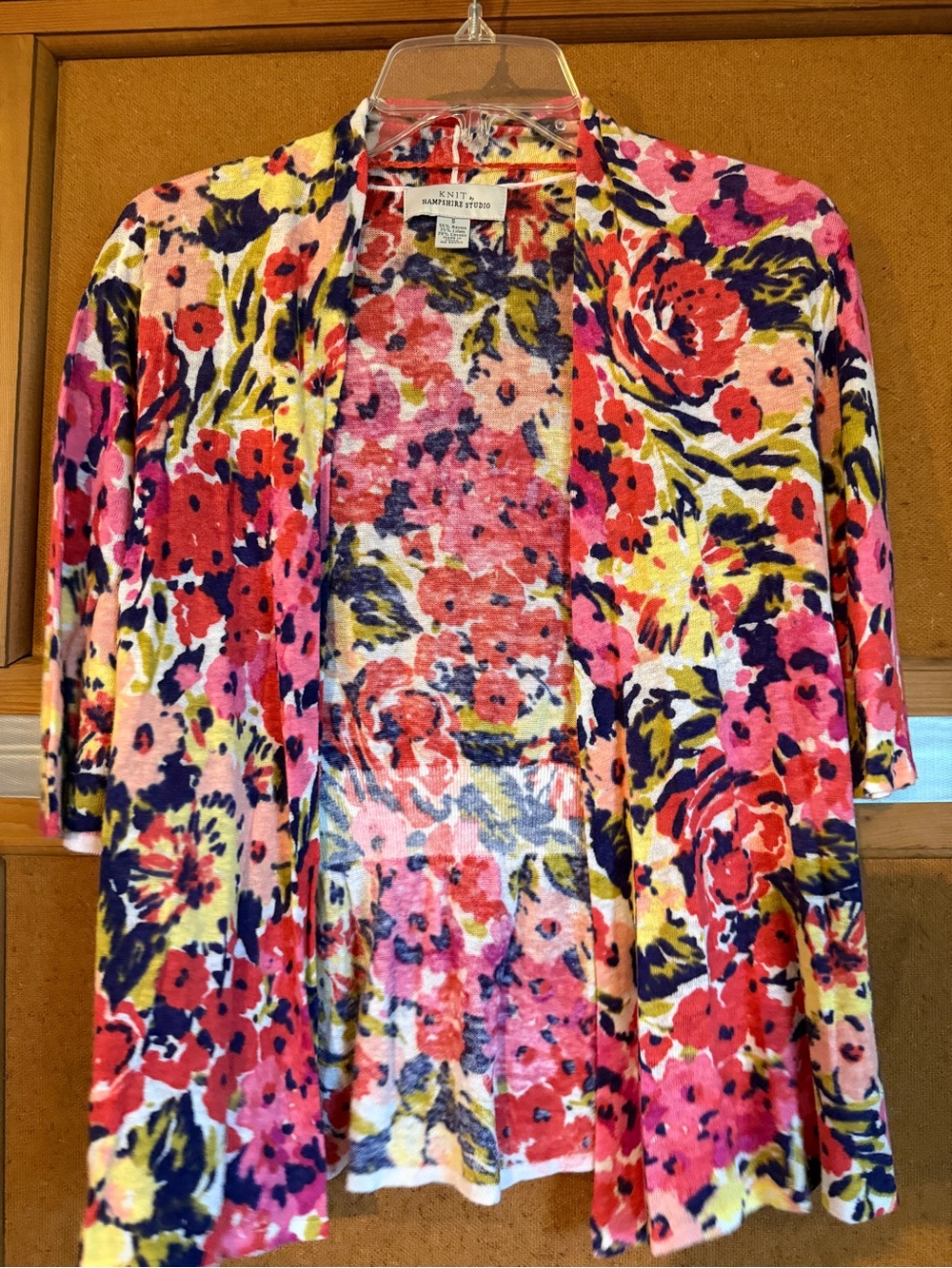 Knit by Hampshire studio Pink Floral Open Cardigan Sweater linen cotton mix